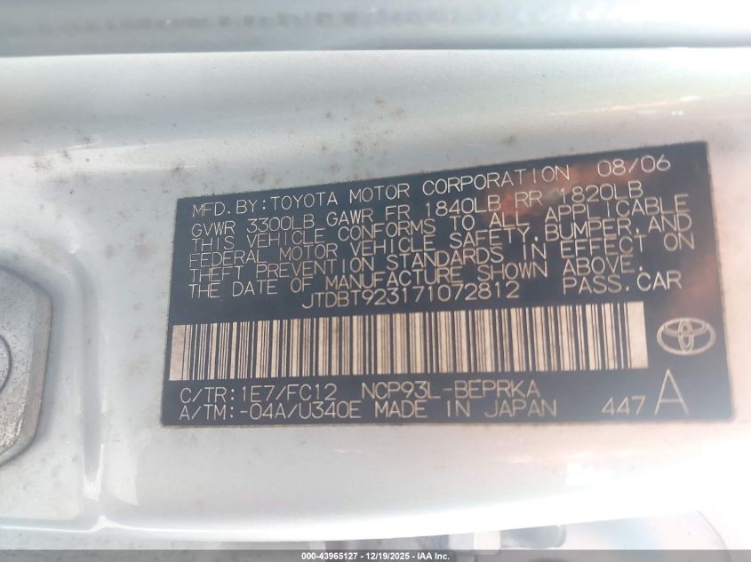 2007 Toyota Yaris S VIN: JTDBT923171072812 Lot: 43965127