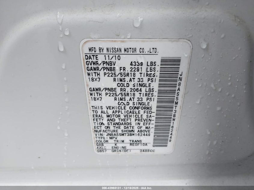 2011 Nissan Rogue Sv VIN: JN8AS5MT3BW162449 Lot: 43965131