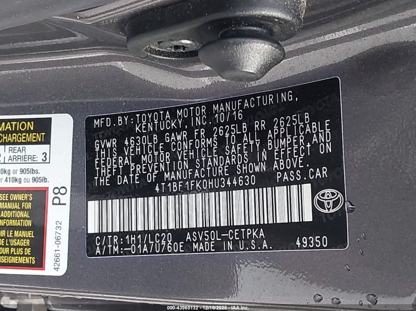 2017 Toyota Camry Xse VIN: 4T1BF1FK0HU344630 Lot: 43965132