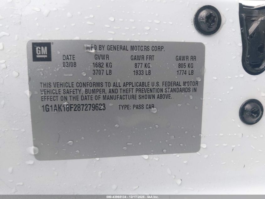 2008 Chevrolet Cobalt Ls VIN: 1G1AK18F287279623 Lot: 43965134