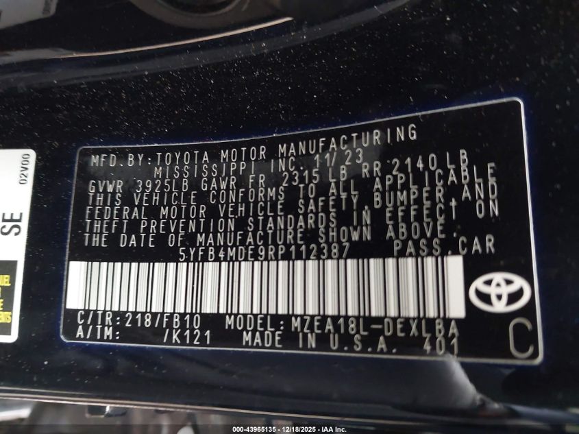 2024 Toyota Corolla Le VIN: 5YFB4MDE9RP112387 Lot: 43965135