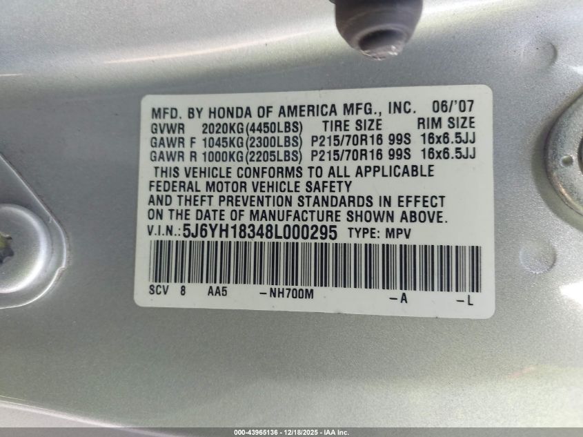 2008 Honda Element Lx VIN: 5J6YH18348L000295 Lot: 43965136