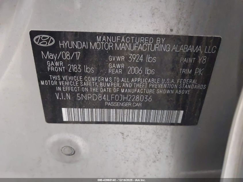 2018 Hyundai Elantra Sel VIN: 5NPD84LF0JH228036 Lot: 43965140