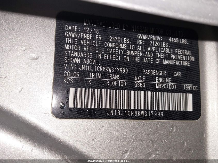 2019 Nissan Rogue Sport Sl VIN: JN1BJ1CR8KW317999 Lot: 43965141