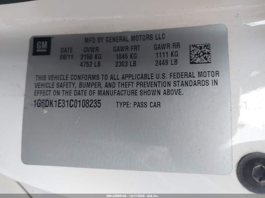 2012 Cadillac Cts Performance VIN: 1G6DK1E31C0108235 Lot: 43965145