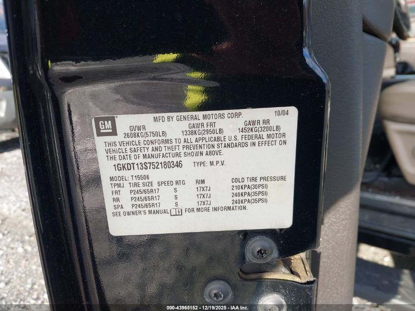 2005 GMC Envoy Slt VIN: 1GKDT13S752180346 Lot: 43965152