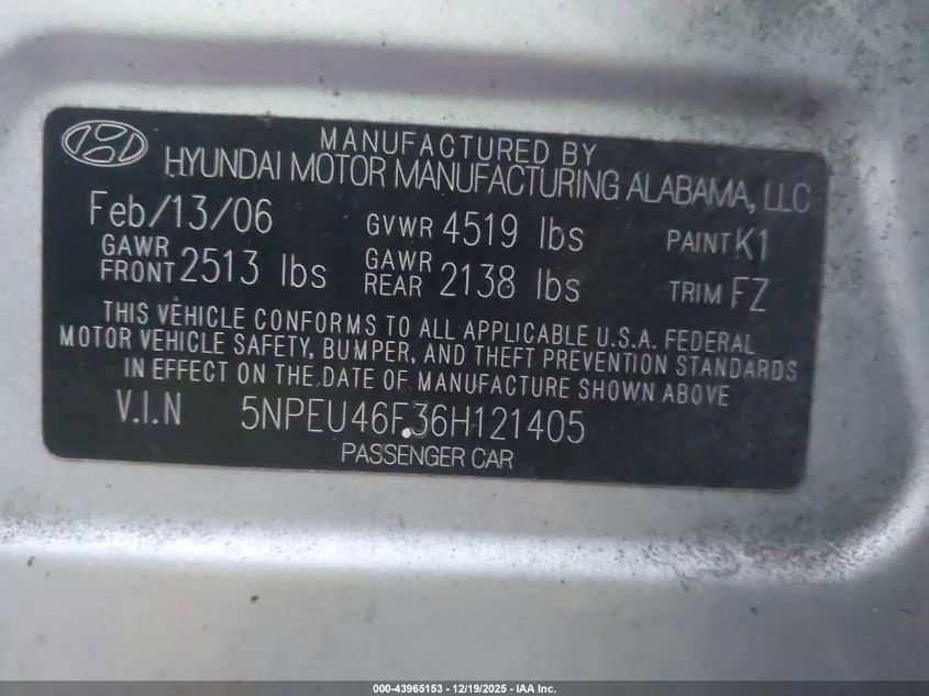 2006 Hyundai Sonata Gls V6/Lx V6 VIN: 5NPEU46F36H121405 Lot: 43965153
