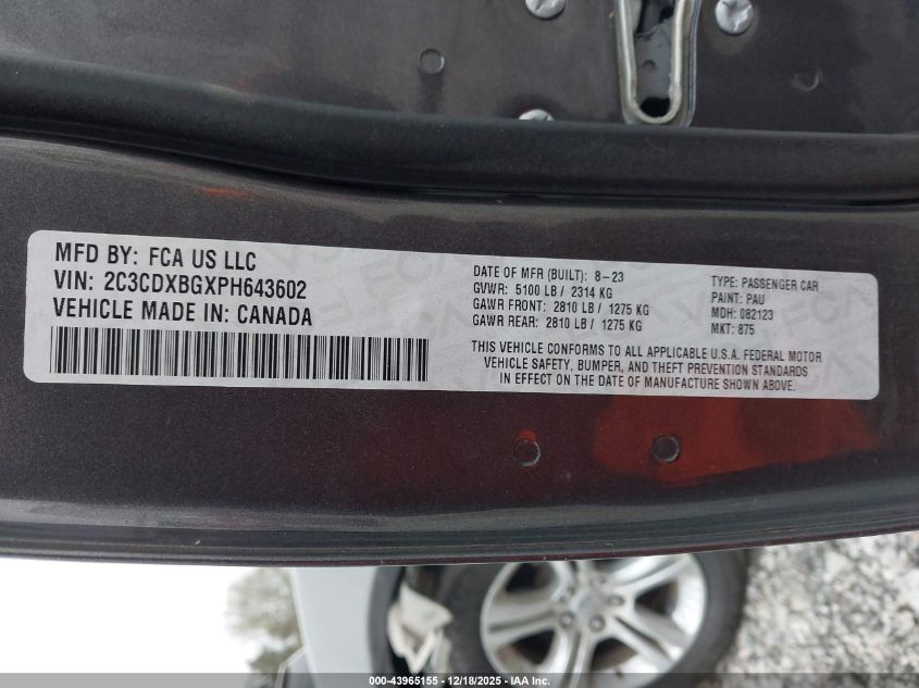 2023 Dodge Charger Sxt VIN: 2C3CDXBGXPH643602 Lot: 43965155