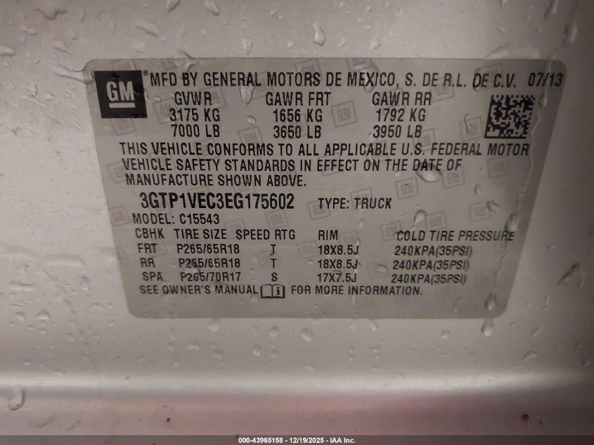 2014 GMC Sierra 1500 Slt VIN: 3GTP1VEC3EG175602 Lot: 43965158