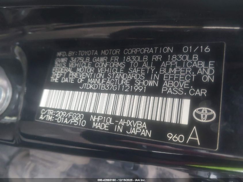 2016 Toyota Prius C Two VIN: JTDKDTB37G1121991 Lot: 43965160