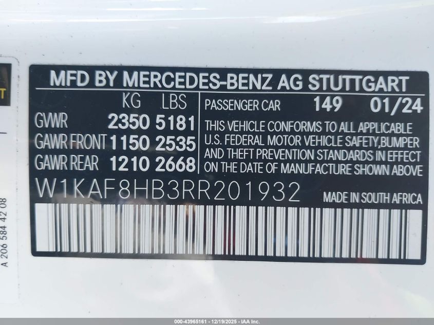 2024 Mercedes-Benz Amg C 43 4Matic VIN: W1KAF8HB3RR201932 Lot: 43965161