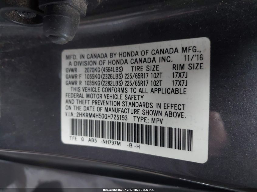 2016 Honda Cr-V Ex VIN: 2HKRM4H50GH725193 Lot: 43965162