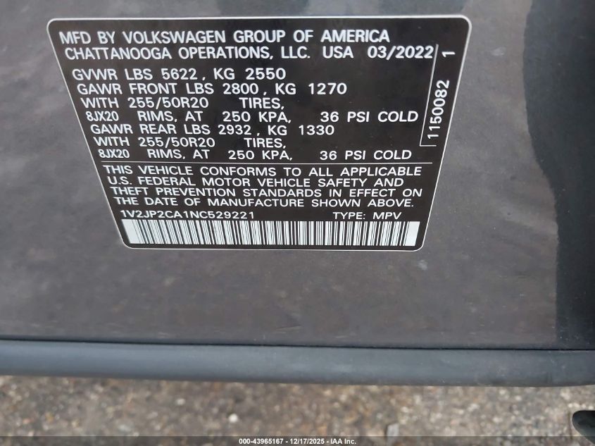 2022 Volkswagen Atlas 2.0T Se W/Technology VIN: 1V2JP2CA1NC529221 Lot: 43965167