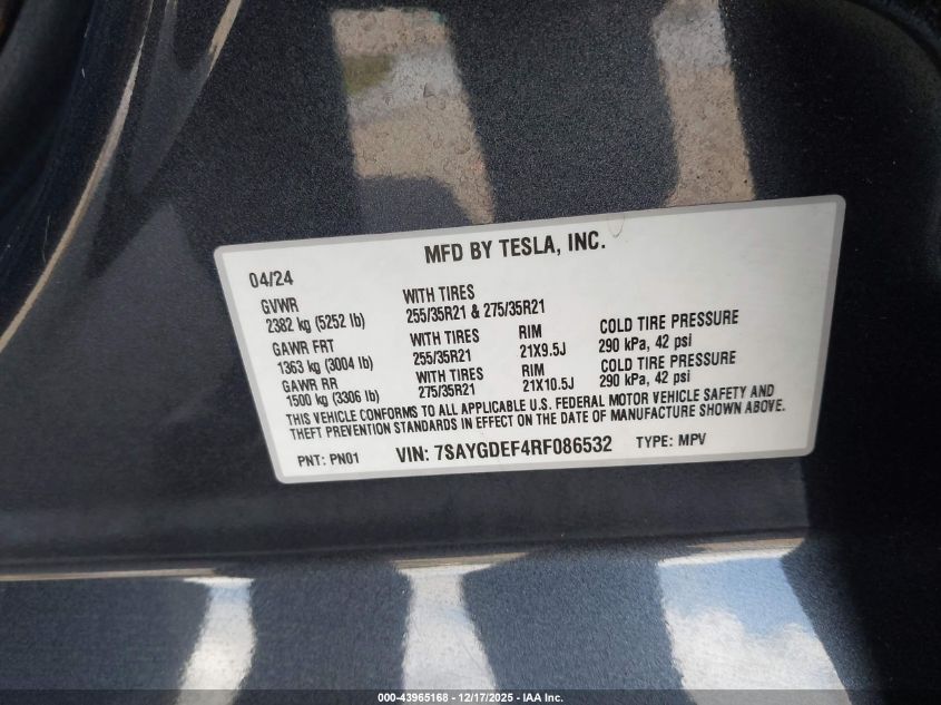 2024 Tesla Model Y Performance Dual Motor All-Wheel Drive VIN: 7SAYGDEF4RF086532 Lot: 43965168