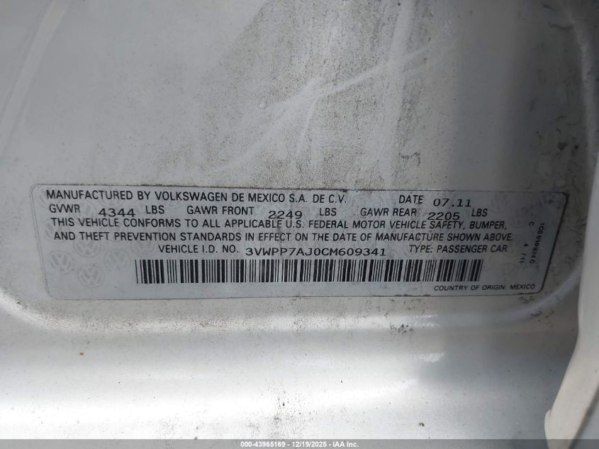 2012 Volkswagen Jetta Sportwagen 2.5L Se VIN: 3VWPP7AJ0CM609341 Lot: 43965169