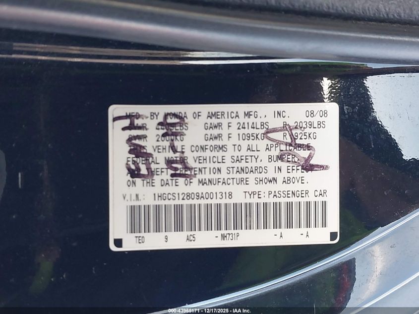 2009 Honda Accord 2.4 Ex-L VIN: 1HGCS12809A001318 Lot: 43965171