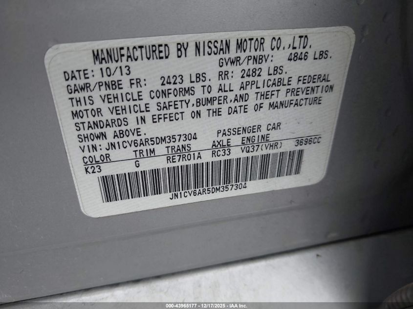 2013 Infiniti G37X VIN: JN1CV6AR5DM357304 Lot: 43965177