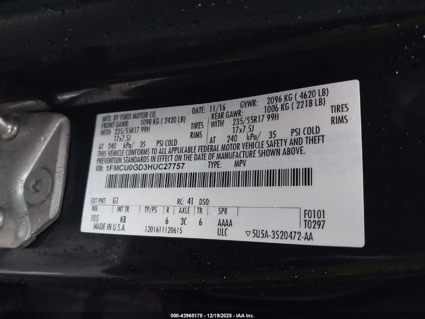 2017 Ford Escape Se VIN: 1FMCU0GD3HUC27757 Lot: 43965178