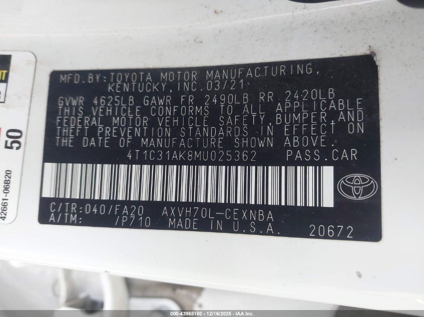 2021 Toyota Camry Le Hybrid VIN: 4T1C31AK8MU025362 Lot: 43965180