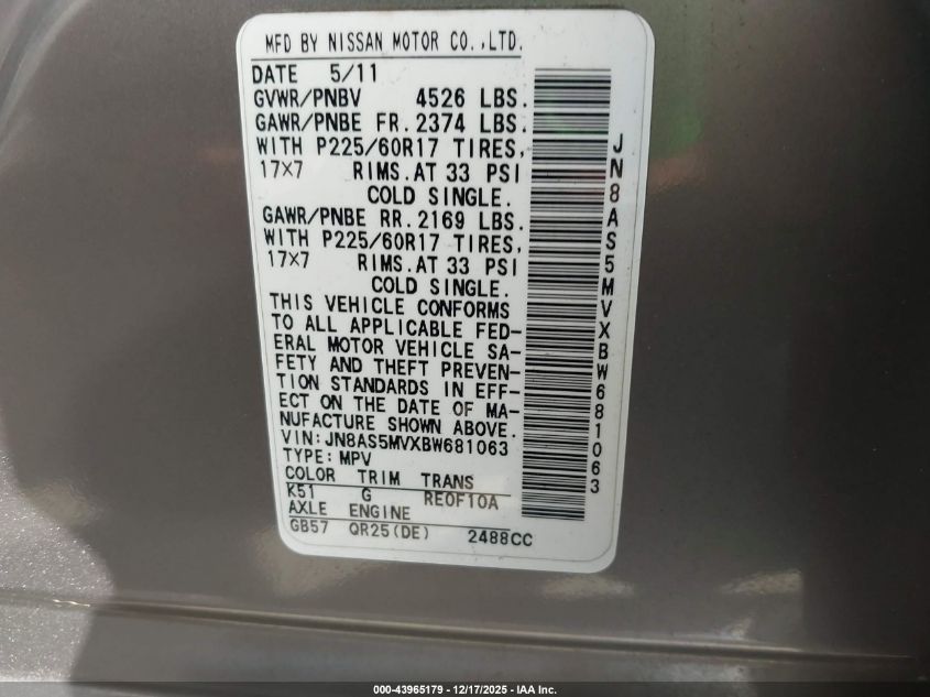 2011 Nissan Rogue Sv VIN: JN8AS5MVXBW681063 Lot: 43965179