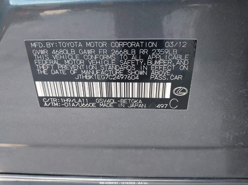 2012 Lexus Es 350 VIN: JTHBK1EG7C2497604 Lot: 43965181