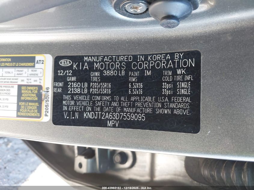 2013 Kia Soul + VIN: KNDJT2A63D7559095 Lot: 43965182