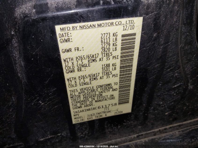 2011 Nissan Pathfinder Sv VIN: 5N1AR1NB1BC611758 Lot: 43965184