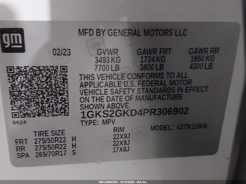 2023 GMC Yukon Xl 4Wd Slt VIN: 1GKS2GKD4PR306902 Lot: 43965185