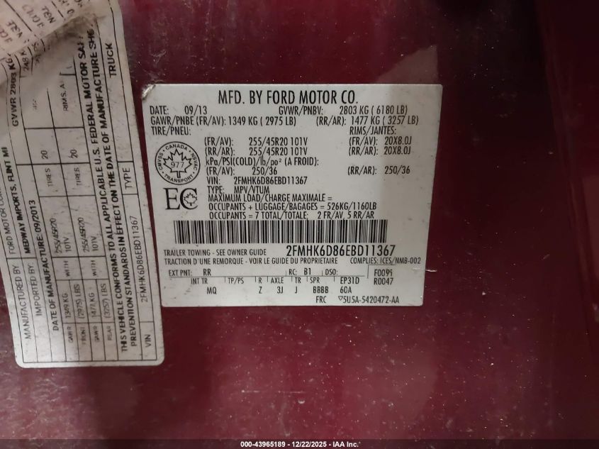 2014 Ford Flex Limited VIN: 2FMHK6D86EBD11367 Lot: 43965189
