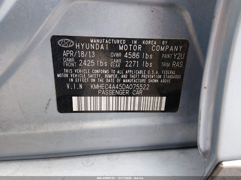2013 Hyundai Sonata Hybrid VIN: KMHEC4A45DA075522 Lot: 43965192