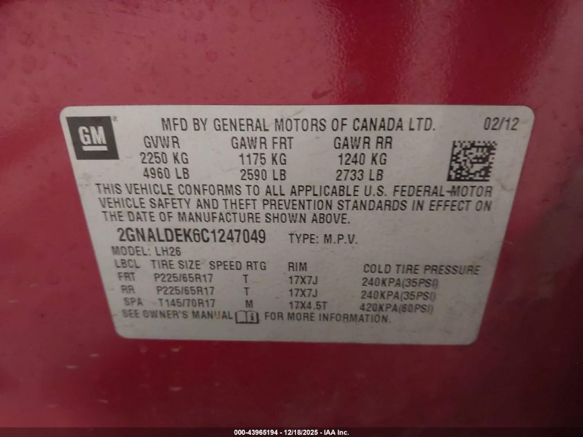 2012 Chevrolet Equinox 1Lt VIN: 2GNALDEK6C1247049 Lot: 43965194