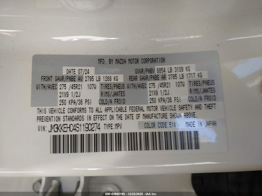 2025 Mazda Cx-90 3.3 Turbo S Premium Plus Package VIN: JM3KKEHC4S1190274 Lot: 43965198