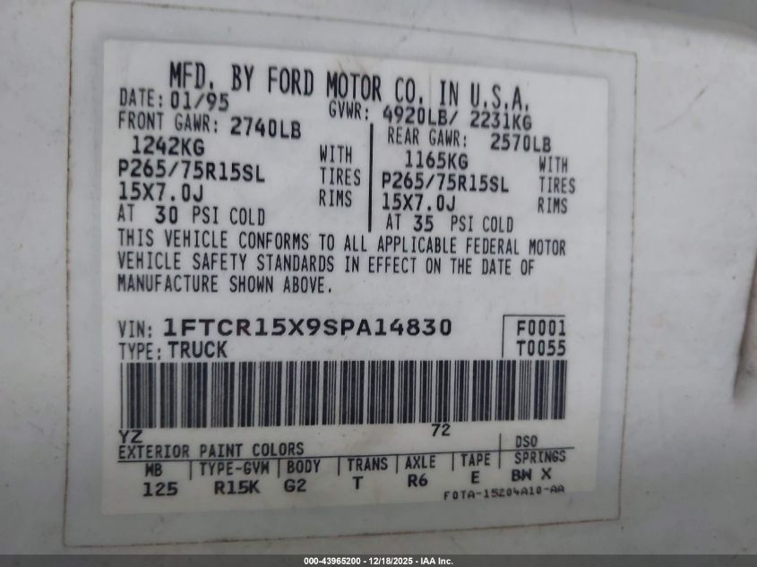 1995 Ford Ranger Super Cab VIN: 1FTCR15X9SPA14830 Lot: 43965200