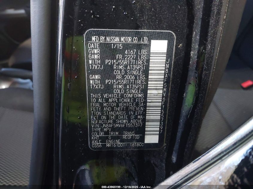 2015 Nissan Juke S VIN: JN8AF5MV6FT557397 Lot: 43965199