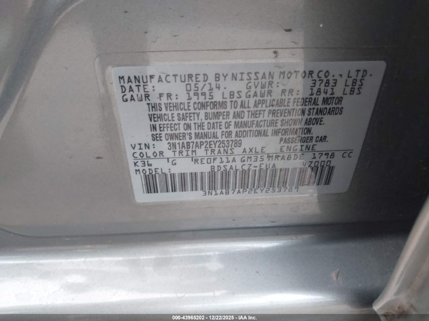 2014 Nissan Sentra S VIN: 3N1AB7AP2EY253789 Lot: 43965202