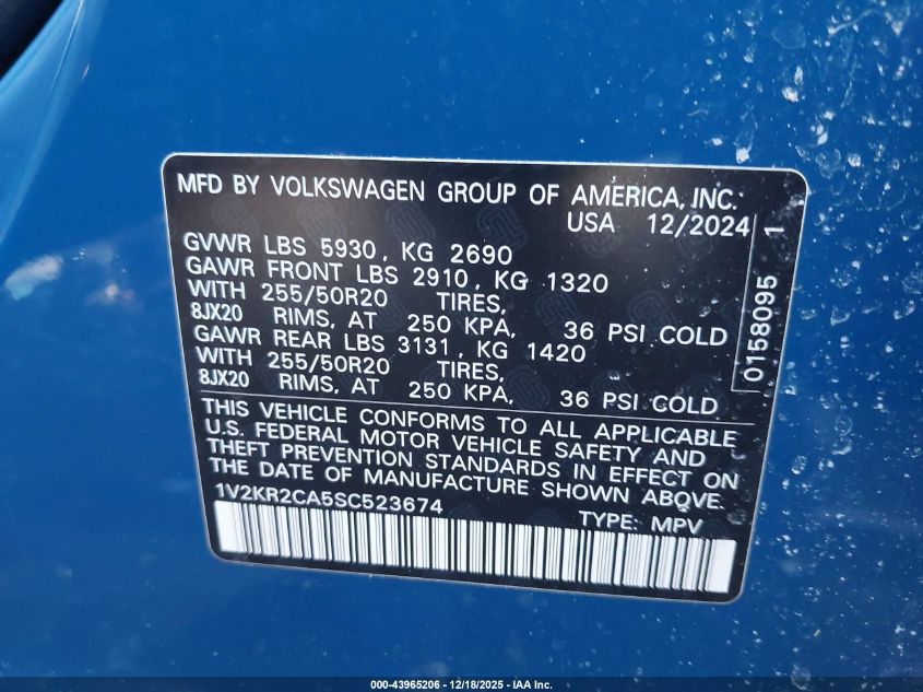 2025 Volkswagen Atlas 2.0T Se W/Technology VIN: 1V2KR2CA5SC523674 Lot: 43965206