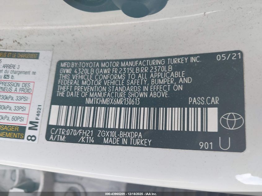 2021 Toyota C-Hr Le VIN: NMTKHMBX6MR130613 Lot: 43965209