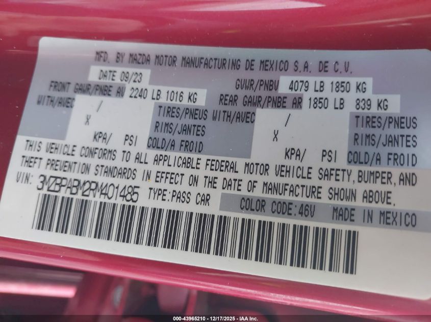 2024 Mazda Mazda3 2.5 S Select Sport VIN: 3MZBPABM2RM401485 Lot: 43965210