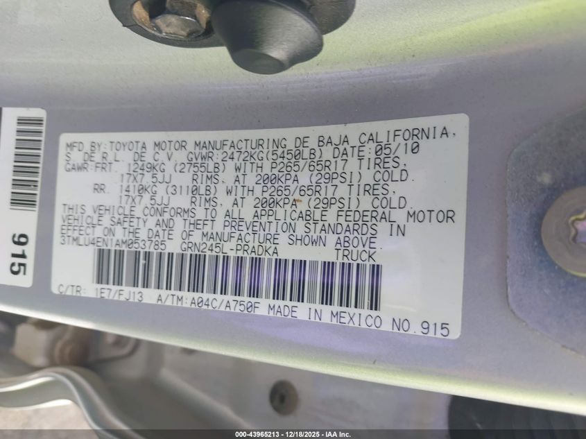 2010 Toyota Tacoma Base V6 VIN: 3TMLU4EN1AM053785 Lot: 43965213