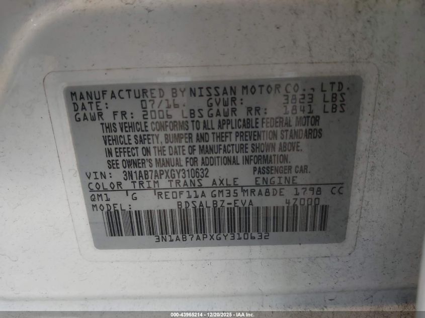 2016 Nissan Sentra S VIN: 3N1AB7APXGY310632 Lot: 43965214