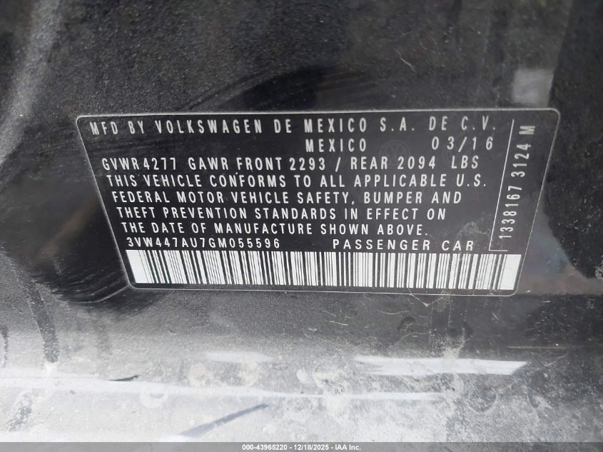 2016 Volkswagen Golf Gti Autobahn W/Performance Package 4-Door VIN: 3VW447AU7GM055596 Lot: 43965220