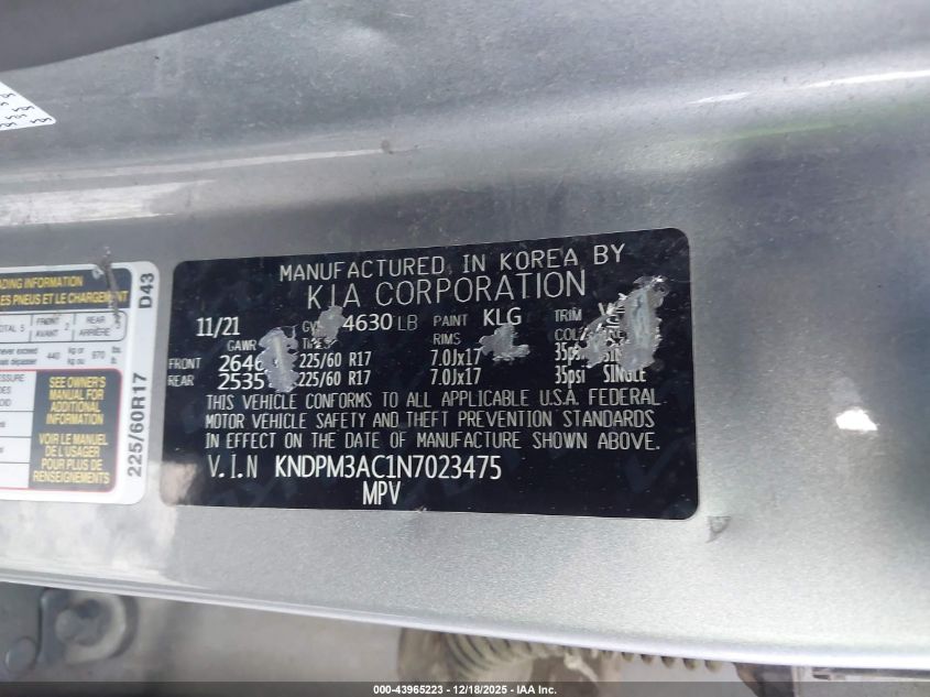 2022 Kia Sportage Lx VIN: KNDPM3AC1N7023475 Lot: 43965223