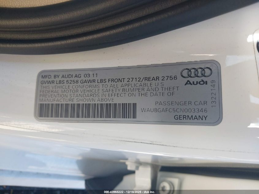 2012 Audi A6 3.0 Premium VIN: WAUBGAFC5CN003346 Lot: 43965222