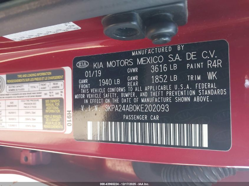 2019 Kia Rio S VIN: 3KPA24AB0KE202093 Lot: 43965224