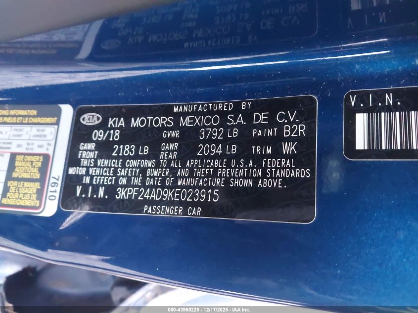 2019 Kia Forte Lxs VIN: 3KPF24AD9KE023915 Lot: 43965225