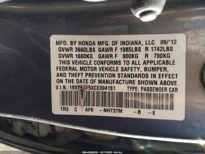 2012 Honda Civic Lx VIN: 19XFB2F5XCE094161 Lot: 43965226
