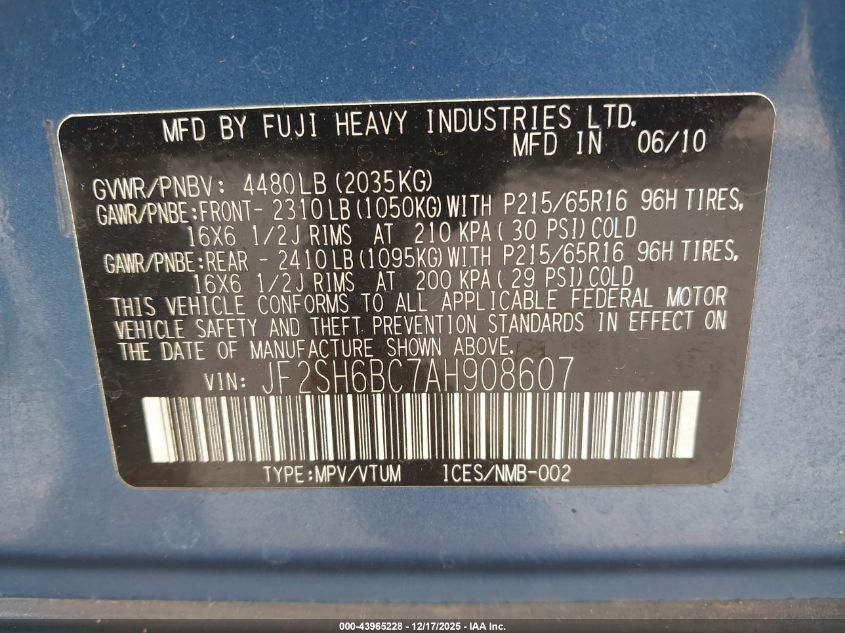 2010 Subaru Forester 2.5X VIN: JF2SH6BC7AH908607 Lot: 43965228