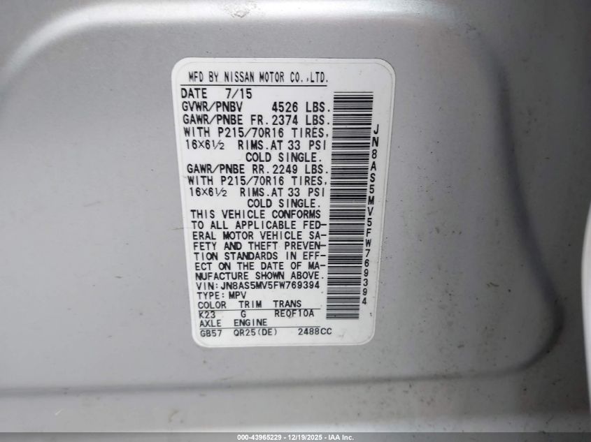 2015 Nissan Rogue Select S VIN: JN8AS5MV5FW769394 Lot: 43965229