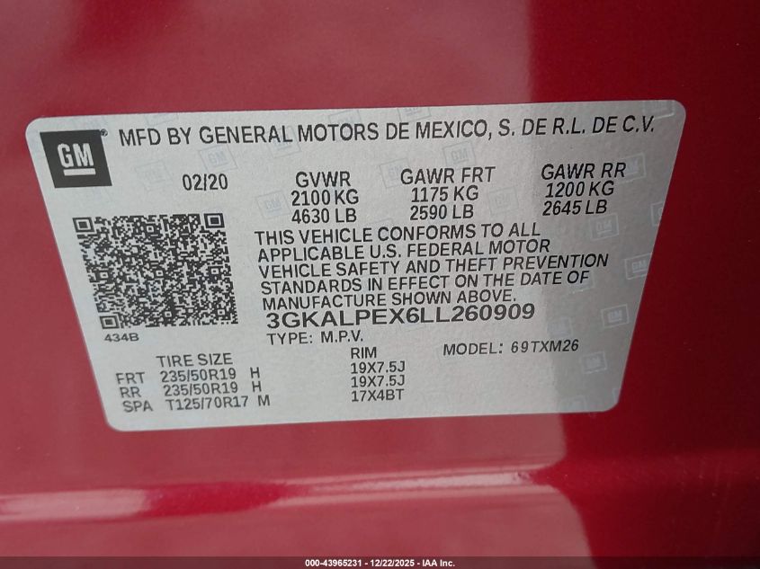 2020 GMC Terrain Fwd Slt VIN: 3GKALPEX6LL260909 Lot: 43965231