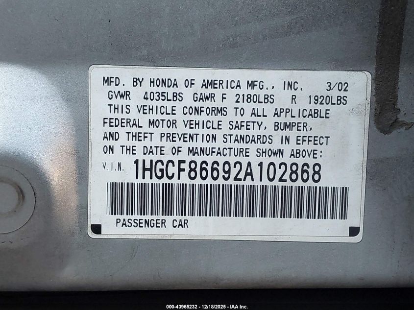 2002 Honda Accord 2.3 Vp VIN: 1HGCF86692A102868 Lot: 43965232